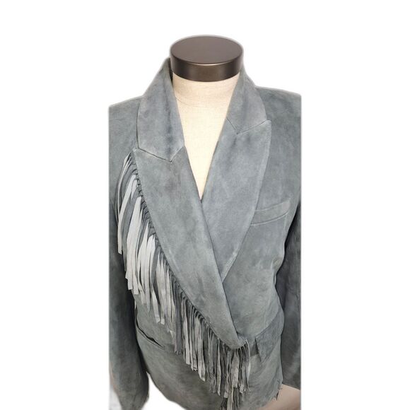 Veronica Beard Pali Fringed Suede Dickey Jacket Slate Blue Lambskin Size 8 - Picture 12 of 14